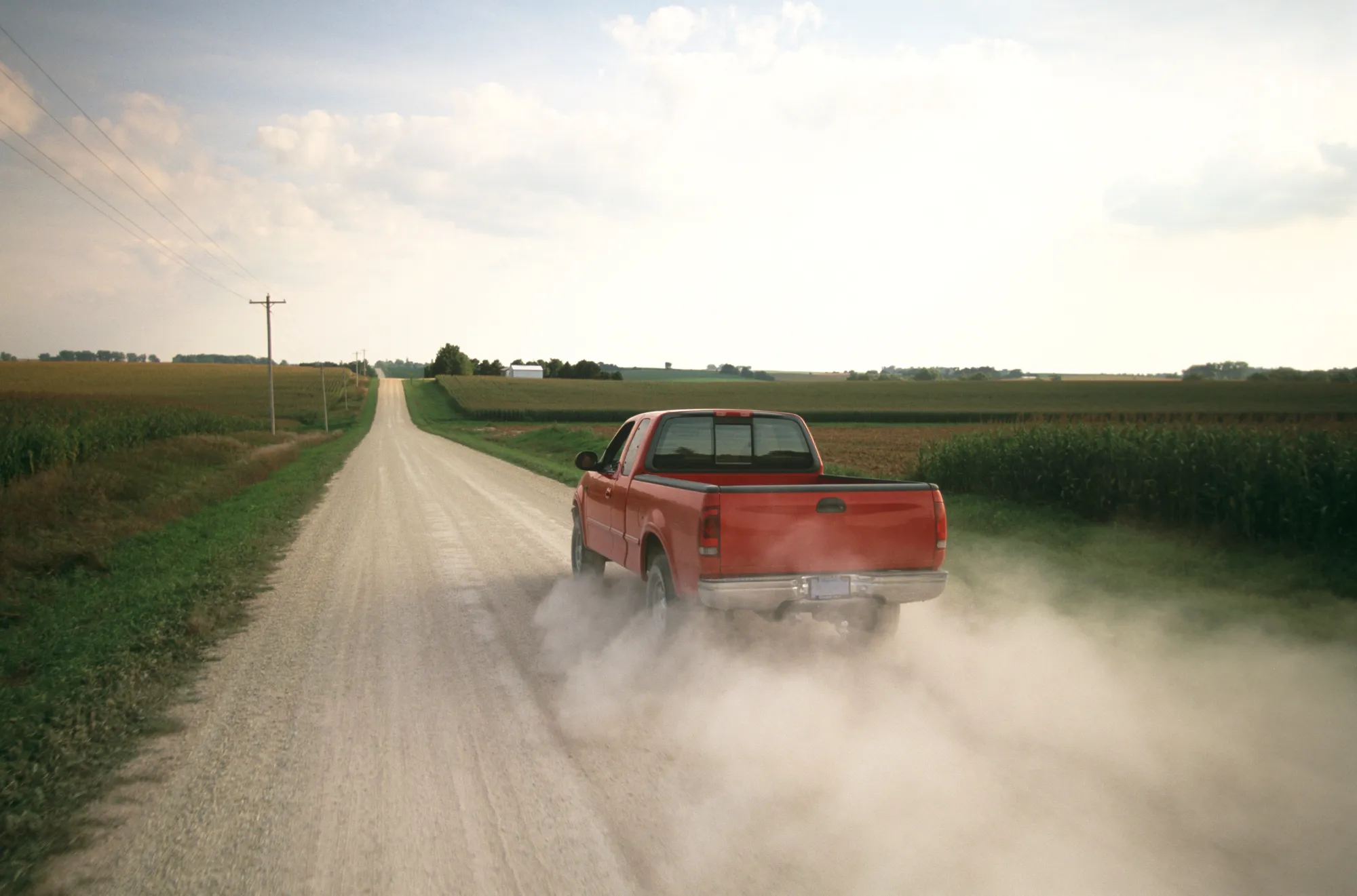 A red pickup truck driving away down a gravel road between cornfields, raising a large cloud of dust behind it.